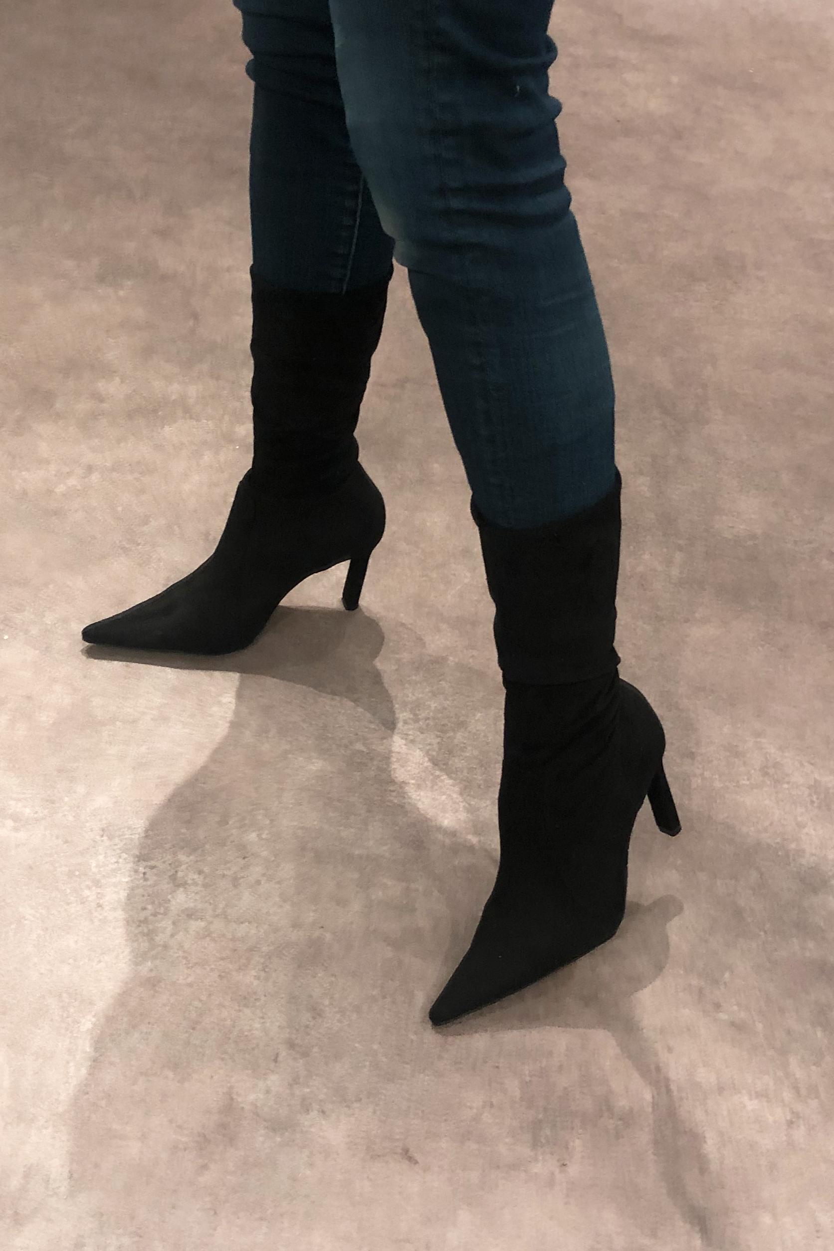 Matt black women's mid-calf boots. Pointed toe. Very high slim heel. Made to measure. Worn view - Florence KOOIJMAN